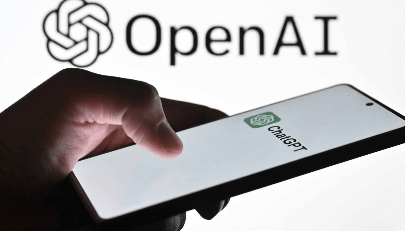 A hand holding a smartphone displaying the ChatGPT logo , with the OpenAI logo visible in the blurred background. Filename : openaichat gptphone . png