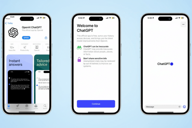 A professional 16: 9 aspect ratio image showing three screenshots of the ChatGPT app on an iPhone. The first shows the app store page, the second show