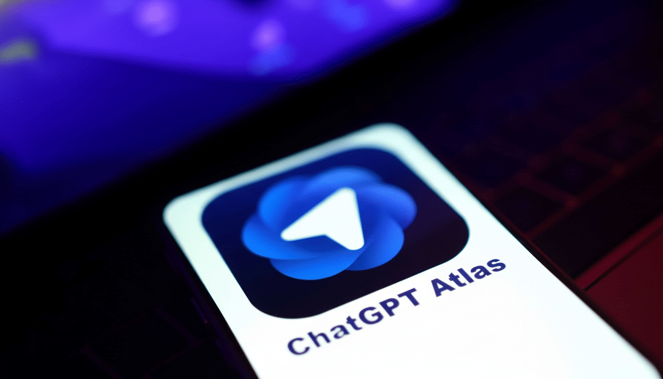 The  ChatGPT Atlas app icon displayed on a smartphone screen , featuring a blue circular design with a white paper airplane symbol , enhanced with a 16:9 aspect ratio and professional presentation .