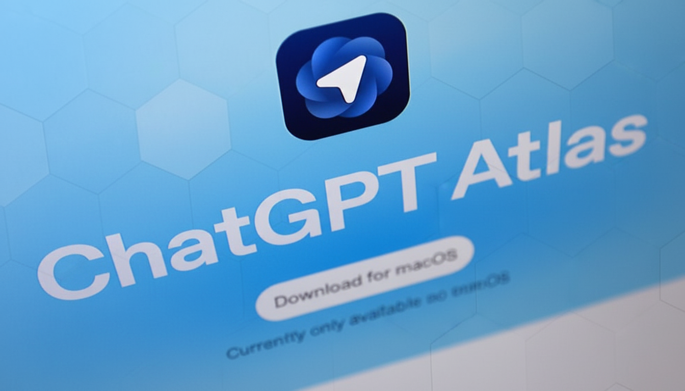 A screen displaying "ChatGPT Atlas" with a download button for macOS, set against a blue background with a subtle hexagonal pattern.