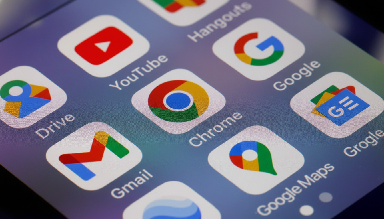 A close -up shot of various Google application icons on a smartphone screen, including YouTube , Chrome, Gmail , Drive , and Google Maps.