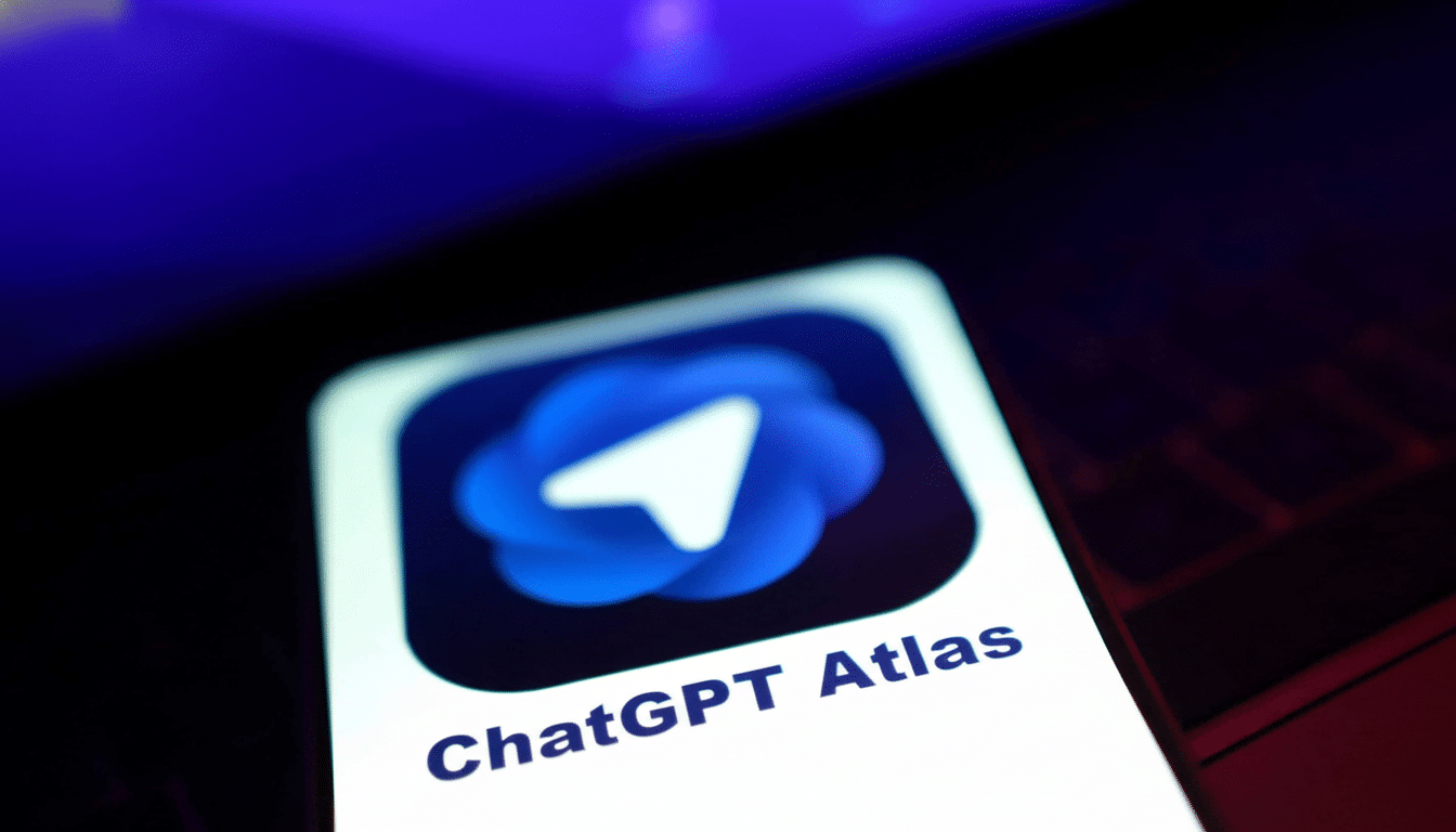 The  ChatGPT Atlas app icon , featuring a white paper airplane on a blue cloud- like shape, displayed on a smartphone screen .