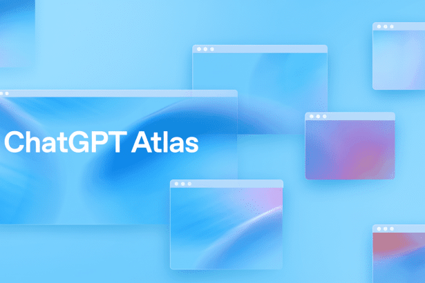 The text ChatGPT Atlas is prominently displayed on a browser window, surrounded by several other smaller , transparent browser windows , all against a bright blue background .