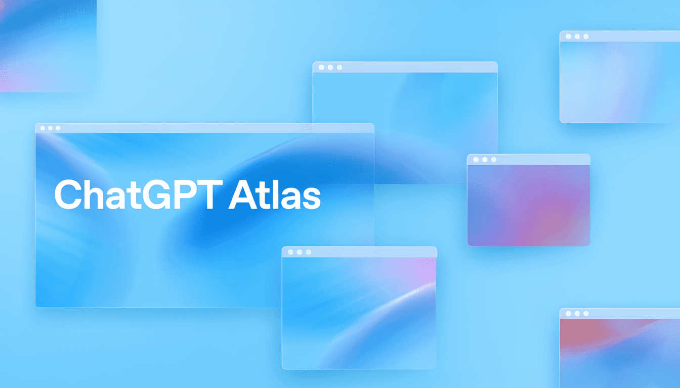 The text ChatGPT Atlas is prominently displayed on a browser window, surrounded by several other smaller , transparent browser windows , all against a bright blue background .