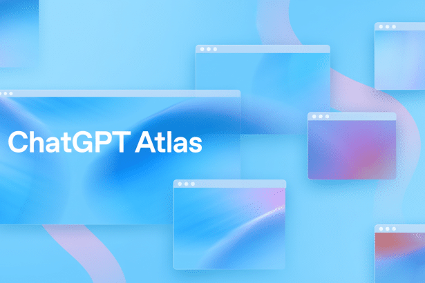The text ChatGPT Atlas is centered on a light blue background, surrounded by various translucent window - like shapes displaying soft , abstract colorful bl urs, creating a clean , professional, and slightly futuristic aesthetic .