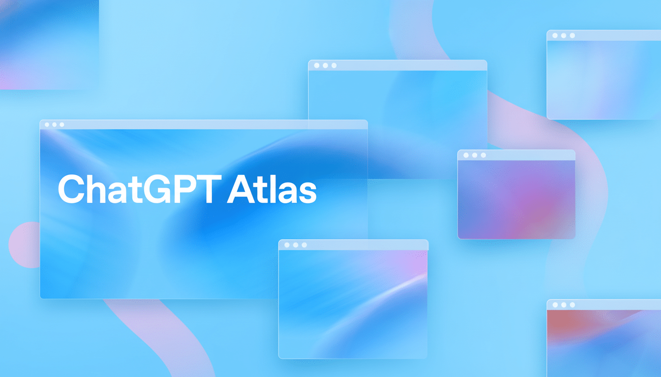 The text ChatGPT Atlas is centered on a light blue background, surrounded by various translucent window - like shapes displaying soft , abstract colorful bl urs, creating a clean , professional, and slightly futuristic aesthetic .