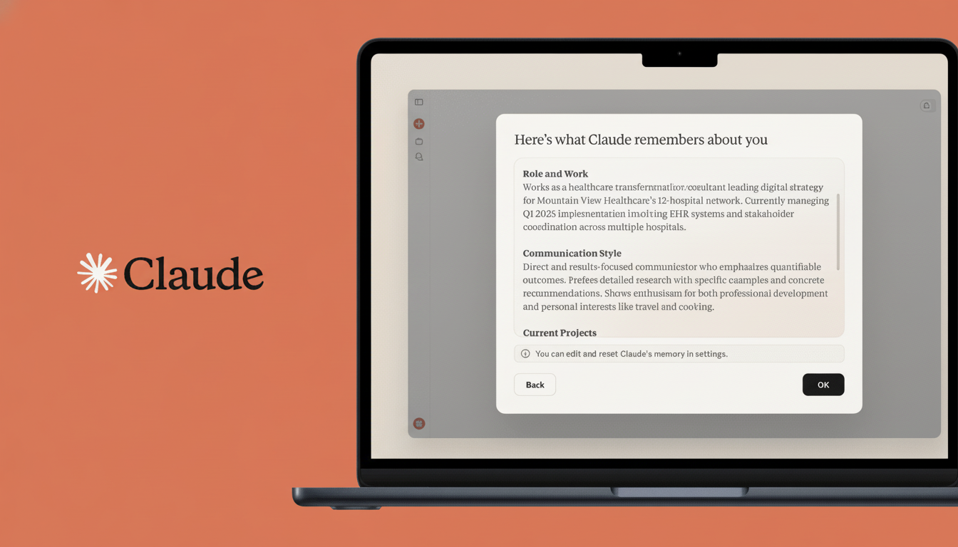 A laptop displaying a screen with Heres what Claude remembers about you and details about role, communication style, and current projects. The laptop is set against a solid orange background with the Claude logo on the left.