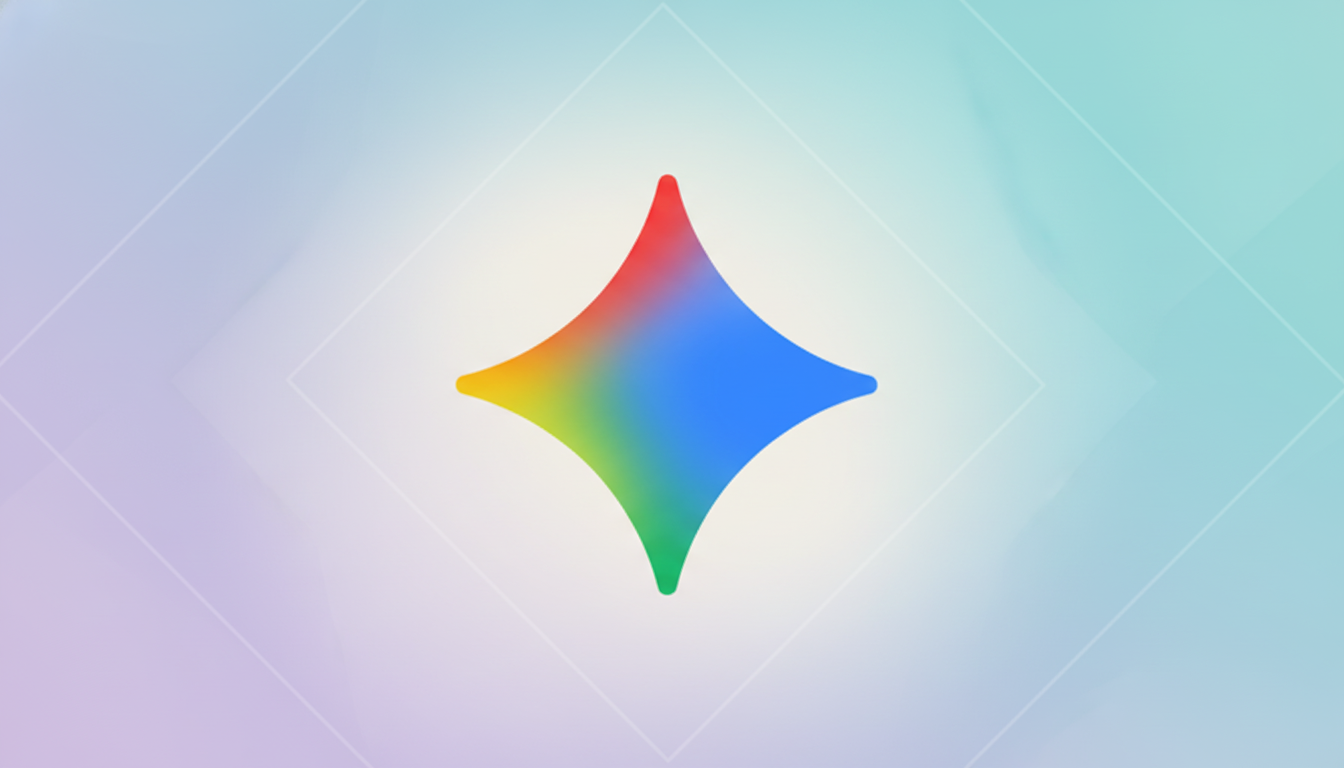 A colorful, four-pointed star icon with a red, yellow, green, and blue gradient, centered on a professional flat design background with soft, light-colored geometric patterns and gradients.