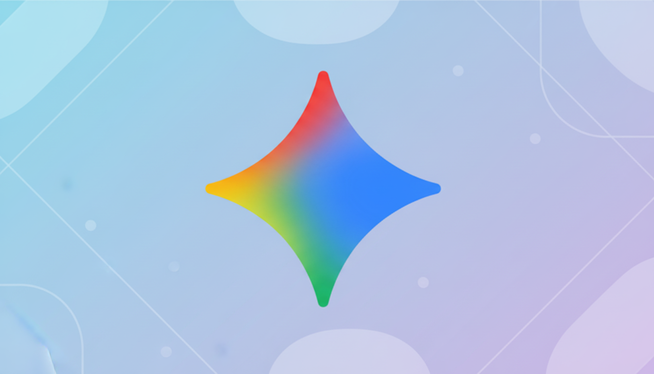 A colorful, four-pointed star icon with a gradient of red, yellow, green, and blue, set against a professional flat design background with soft blue and purple gradients and subtle geometric patterns.