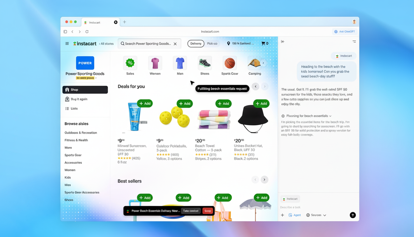 A screenshot of the Instacart website, displaying a search for Power Sporting Goods and various beach essentials like sunscreen, pickleballs, beach towels, and a bucket hat. The interface includes navigation for departments, deals, and a chat window with an AI assistant discussing beach trip planning.