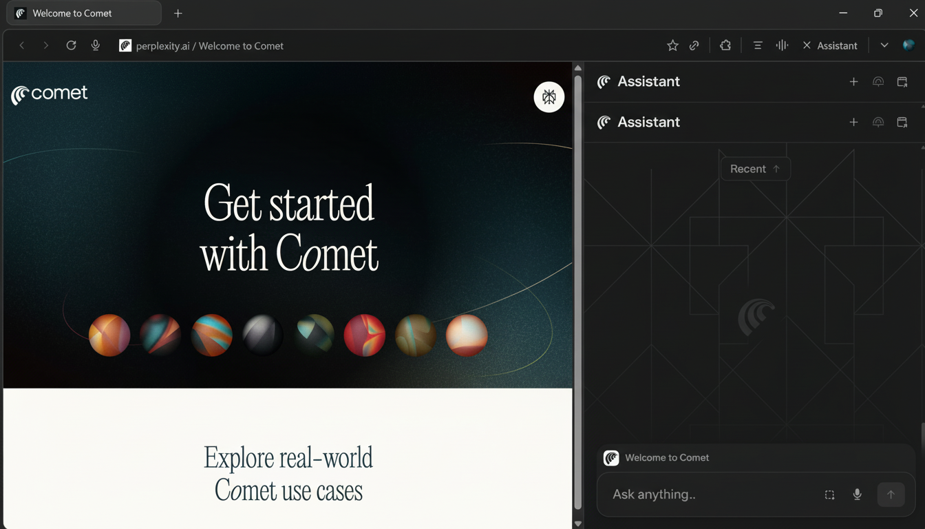 A web browser displaying the Comet AI website on the left and an AI assistant interface on the right, both within a dark-themed desktop environment.