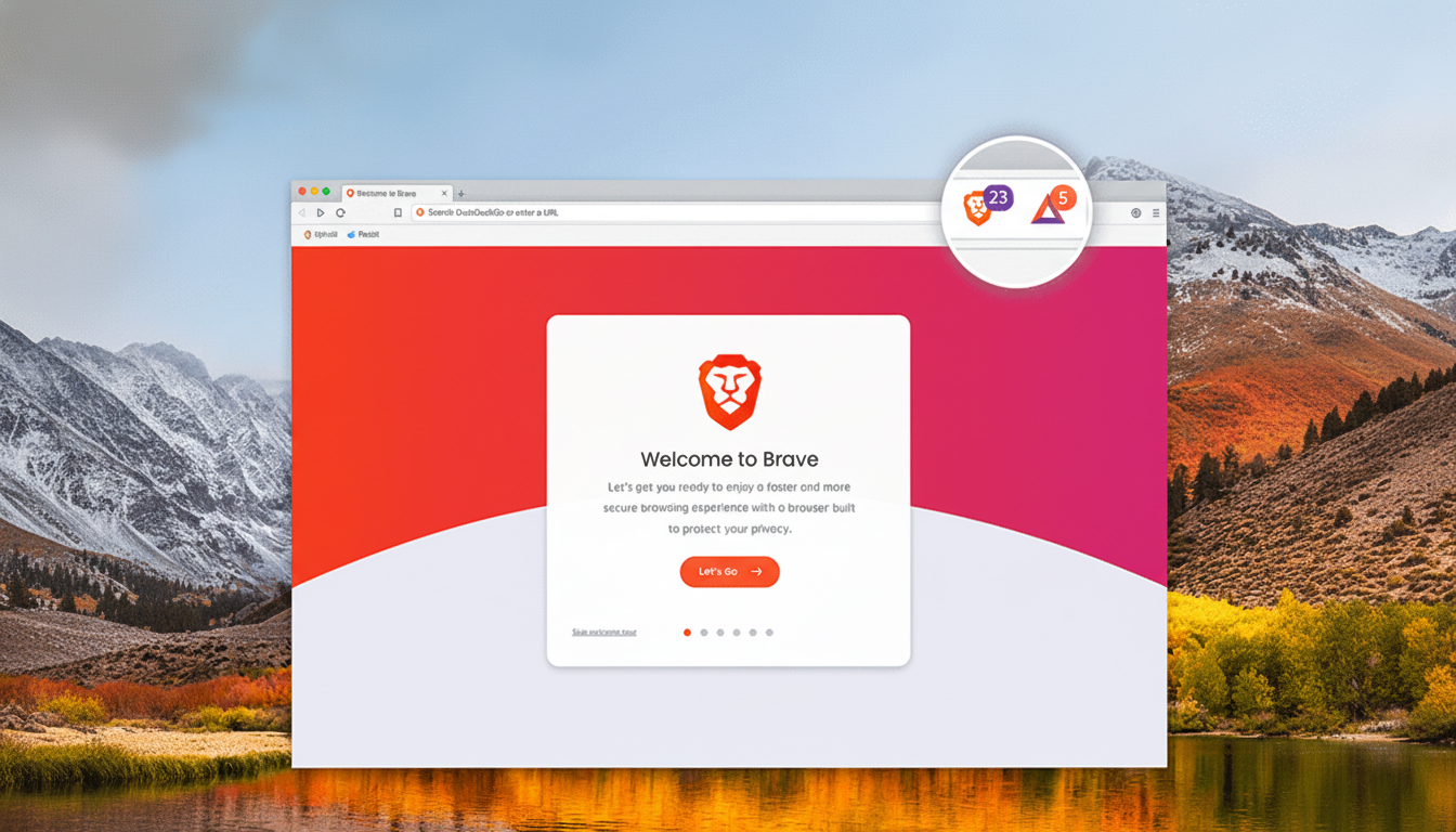 A screenshot of the Brave browsers welcome screen, displaying the Brave logo and a Lets Go button, overlaid on a desktop background of mountains and a lake.