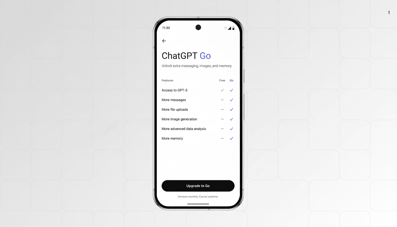 A smartphone displaying the ChatGPT Go upgrade screen, offering features like access to GPT-5, more messages, file uploads, image generation, advanced data analysis, and memory.