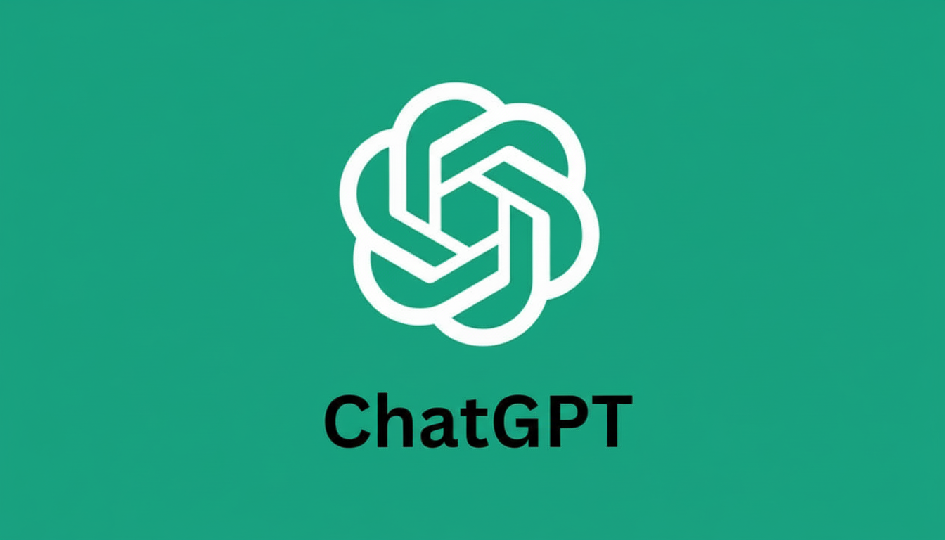 The ChatGPT logo, a white abstract design resembling a knot or flower, centered above the text ChatGPT in black, all set against a solid teal background.
