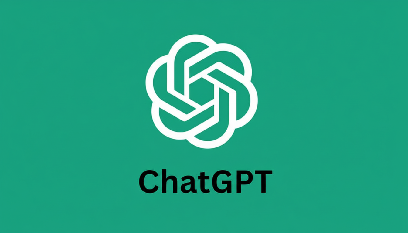 The ChatGPT logo, a white abstract knot-like design, centered above the word ChatGPT in black text, all on a solid teal background.