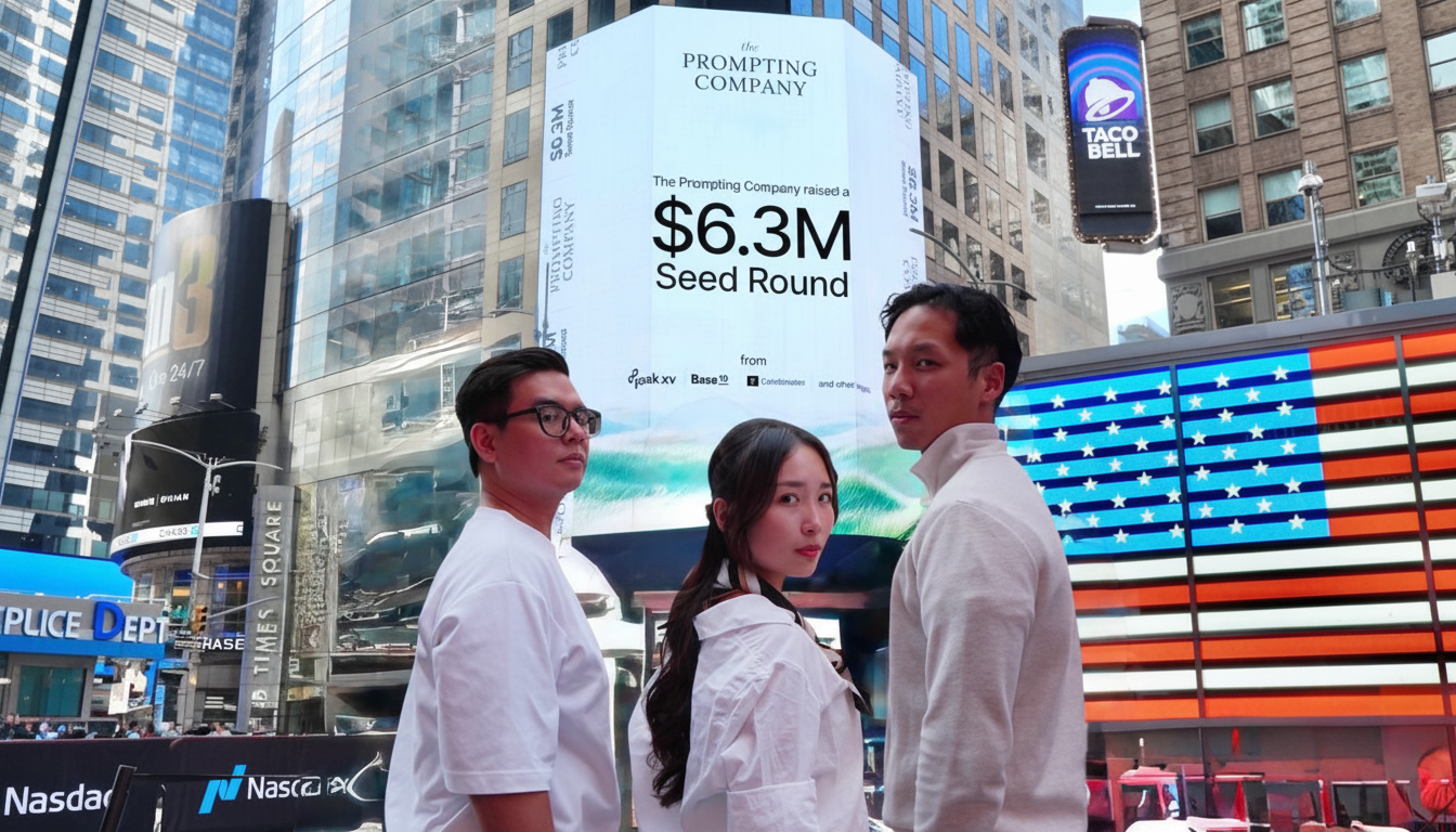 Three people standing in Times Square, with a large digital billboard behind them announcing The Prompting Company raised a $6.3M Seed Round.