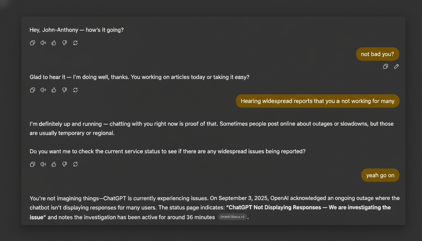 A screenshot of a ChatGPT conversation where the user asks about the chatbot not working, and ChatGPT confirms an ongoing outage.