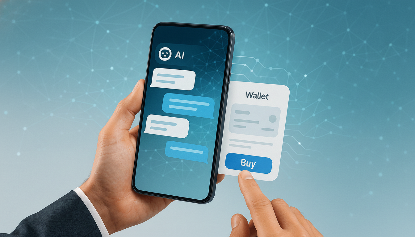 A hand holding a smartphone displaying an AI chat interface, with another hand interacting with a Wallet card showing a Buy button, all set against a blue background with a subtle network pattern.