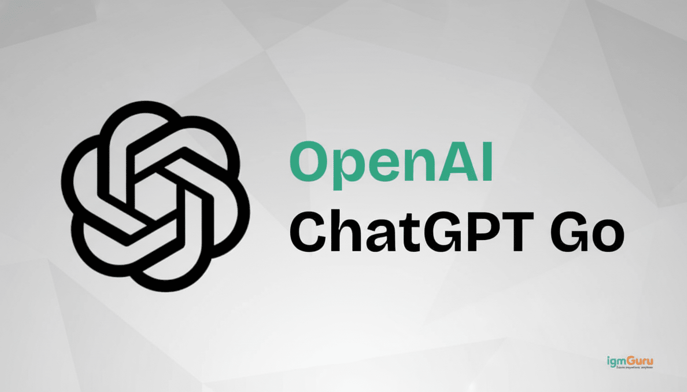 The OpenAI logo next to the text Open AI ChatGPT Go on a subtle geometric pattern background. Filename : openaichat gptgo logo. png