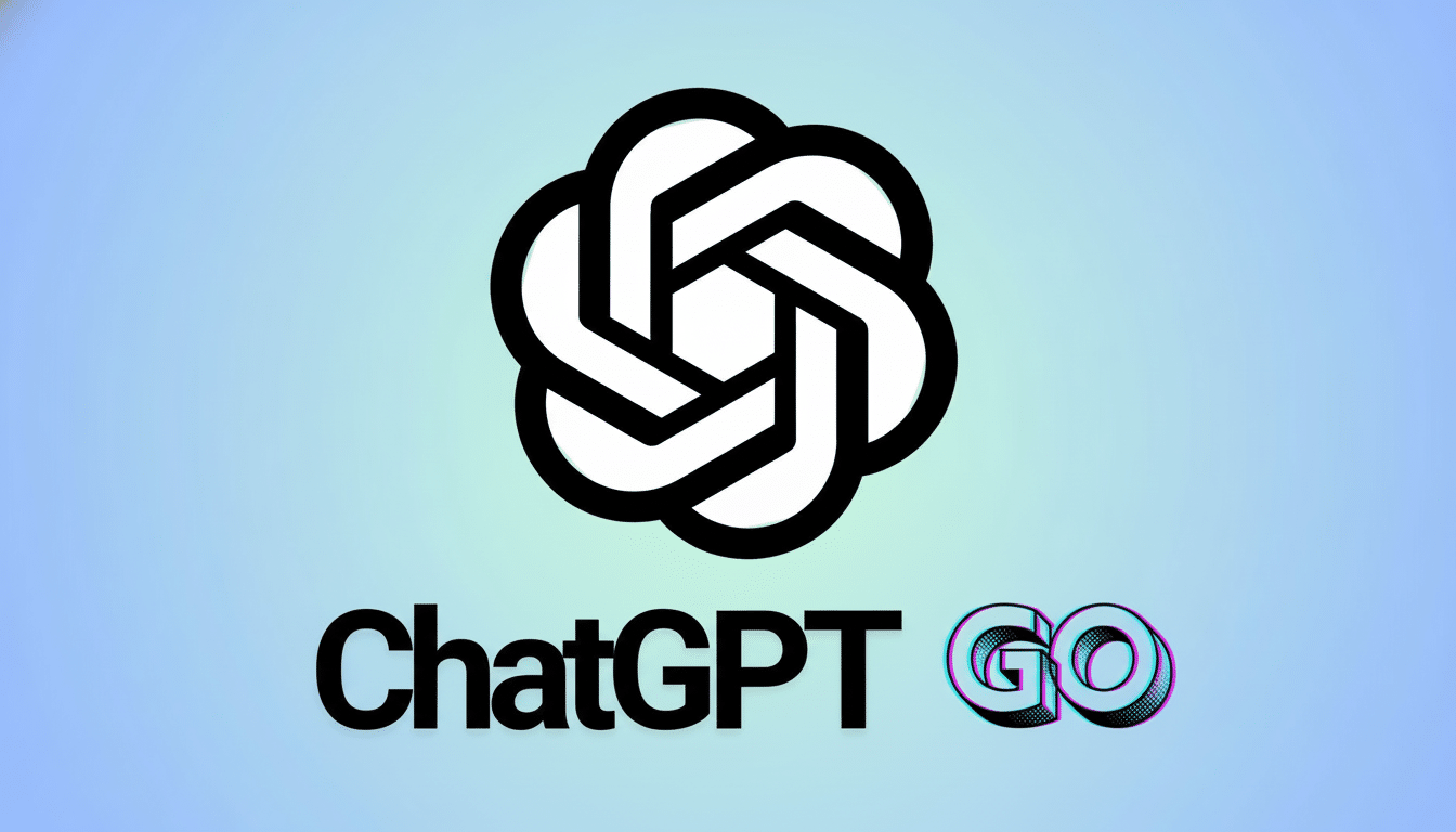 The ChatGPT logo and the word ChatGPT GO in black text with a glitch effect on GO against a light blue gradient background. Filename : chatgpt gologo 16x 9.png