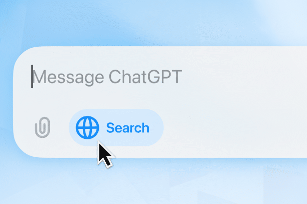 Screenshot of a message bar with Message ChatGPT text, a paper clip icon, and a Search button with a globe icon. A mouse pointer ho vers over the sear
