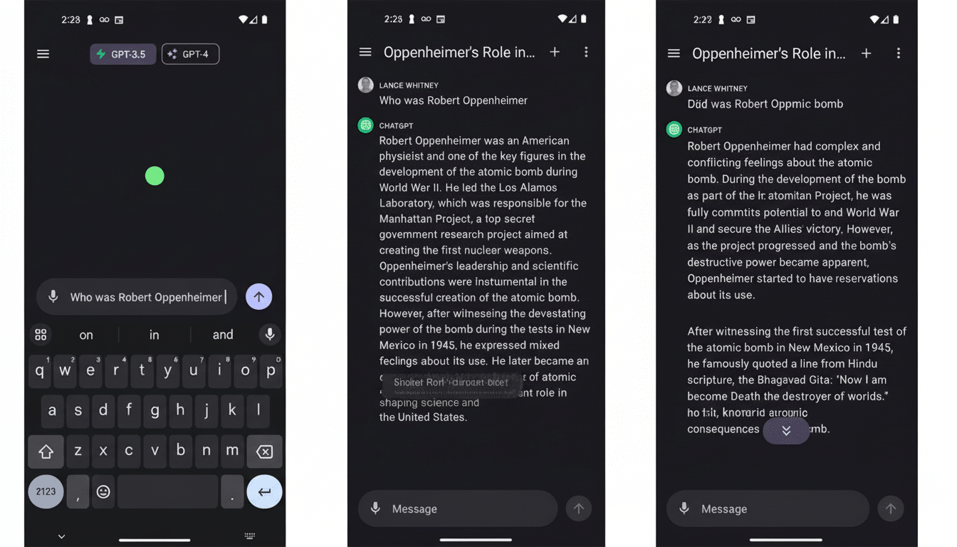 Three smartphone screens show a ChatGPT conversation about Robert Oppenheimer. The first screen has a keyboard and a prompt Who was Robert Oppenheimer ?. The second displays a detailed answer about his role in the Manhattan Project. The third screen shows a follow -up question and answer regarding his feelings about the atomic bomb. Filename : chatgpt oppenheimer conversation.png