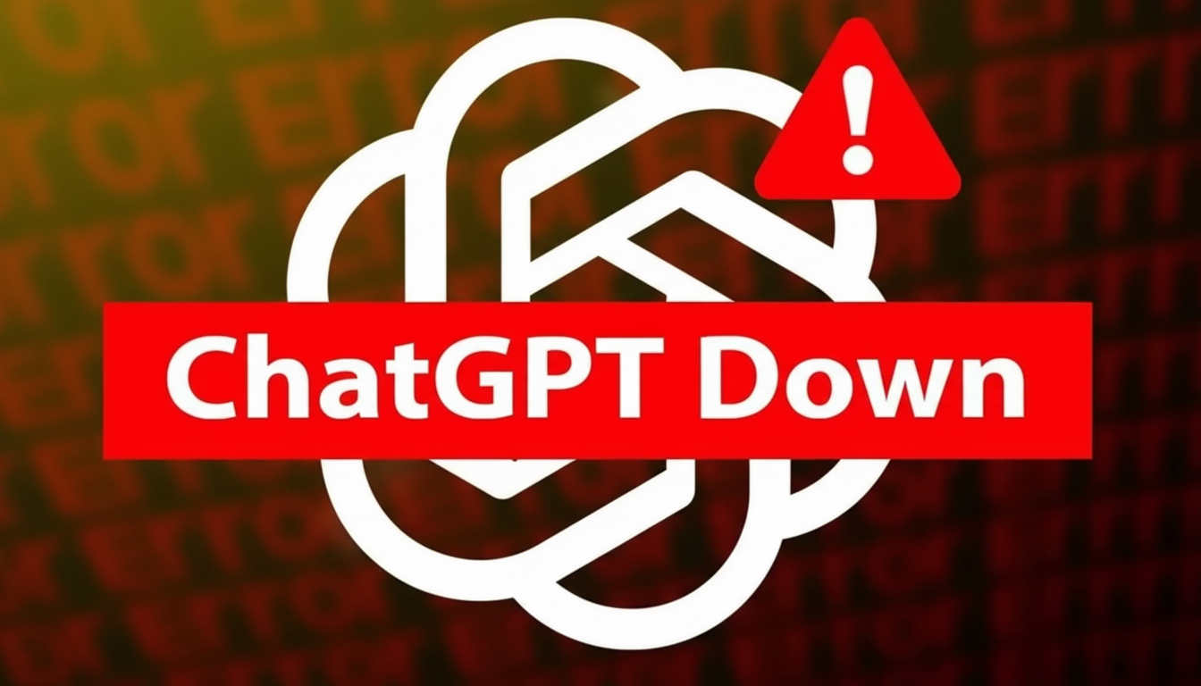 A 16:9 aspect ratio image showing the ChatGPT logo with a red banner across it that reads "ChatGPT Down" and a red warning triangle with an exclamation mark. The background is dark with faint "ERROR" text.