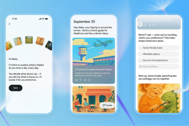 Three mobile phone screens displaying app interfaces , with the central screen showing a travel guide for Heathrow Airport , the left screen a personalized daily digest , and the right screen various preference settings and parenting tips.