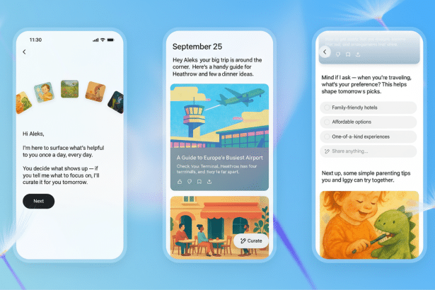 Three mobile phone screens displaying app interfaces. The left screen shows a welcome message for Aleks and prompts to curate daily content. The middle screen shows an article about Heathrow Airport and a restaurant illustration . The right screen shows a travel preference survey and parenting tips. Filename : app interfacescreens . png