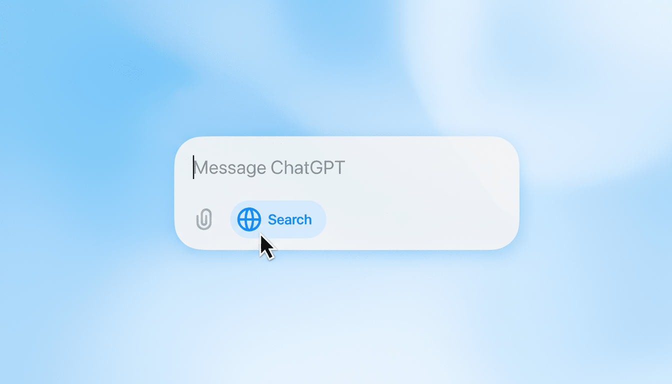Description: A close-up of a Message ChatGPT input field with a cursor clicking a blue Search