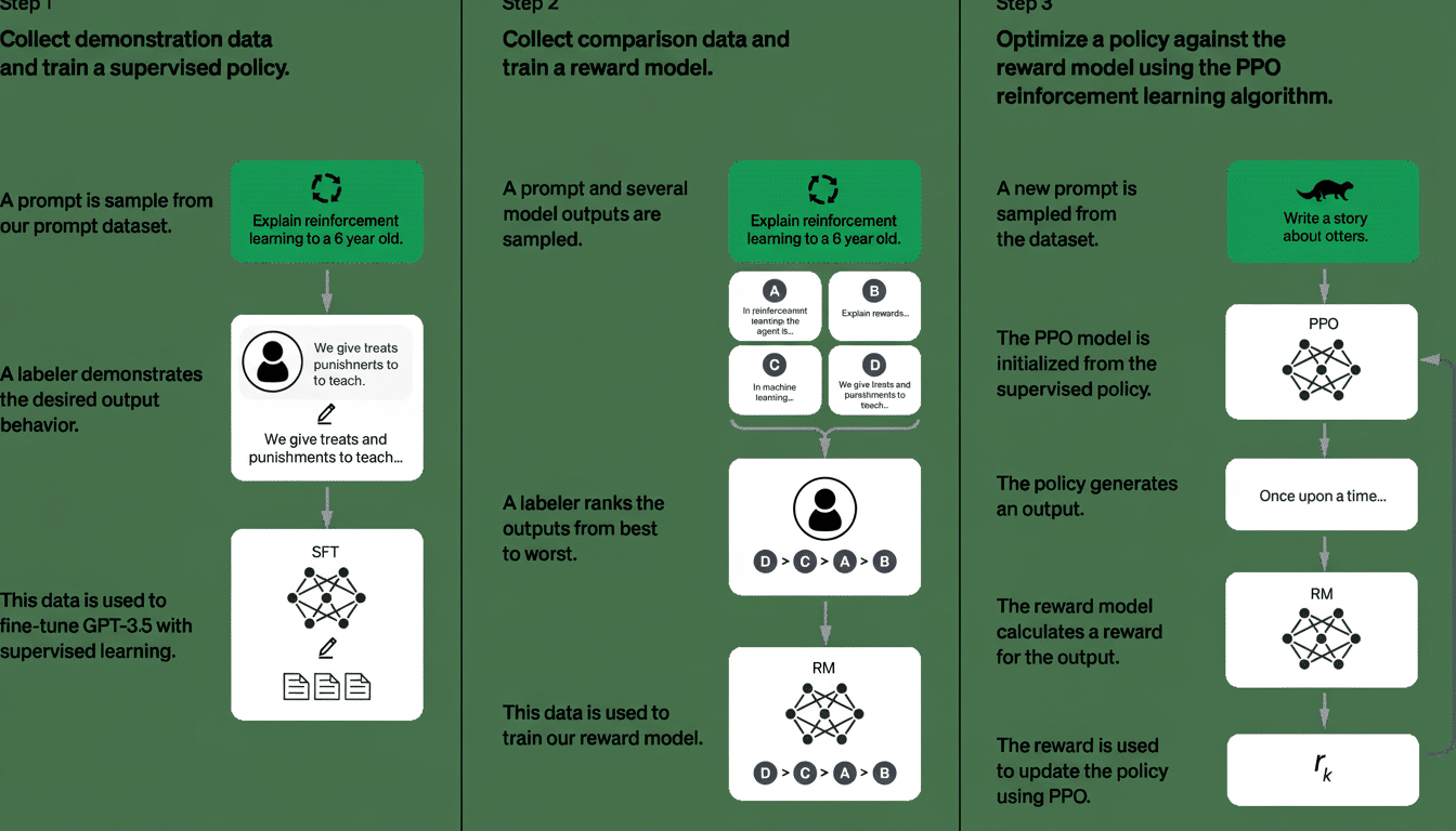 Diagram illustrating a three-step process for optimizing a policy against a reward model using the PPO reinforcement learning algorithm, featuring ste