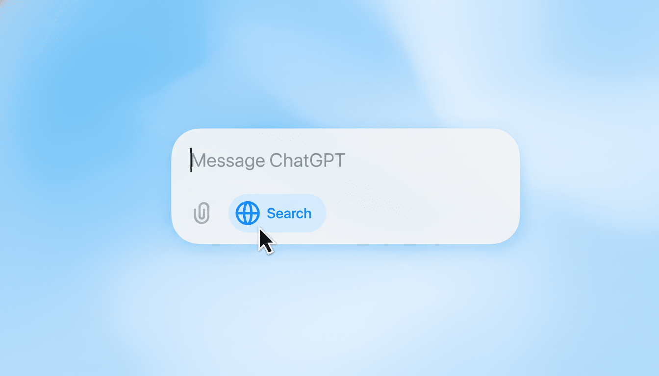 A cursor ho vers over a blue search button with a globe icon within a message bar that says Message ChatGPT .