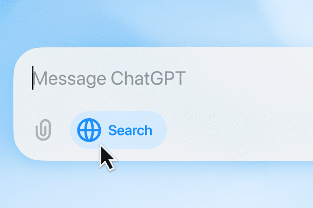 A professional 16:9 image showing a message input field with Message ChatGPT as a placeholder and a highlighted Search button with a globe icon , all against a soft blue gradient background. Filename : chatgpt searchfield 16x 9.png