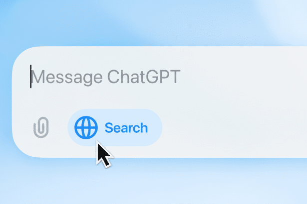A professional 16:9 image showing a message input field with Message ChatGPT text, a paper clip icon, and a blue button with a globe icon and Search text, all on a soft blue gradient background. Filename : chatgpt searchinterface 16x 9.png