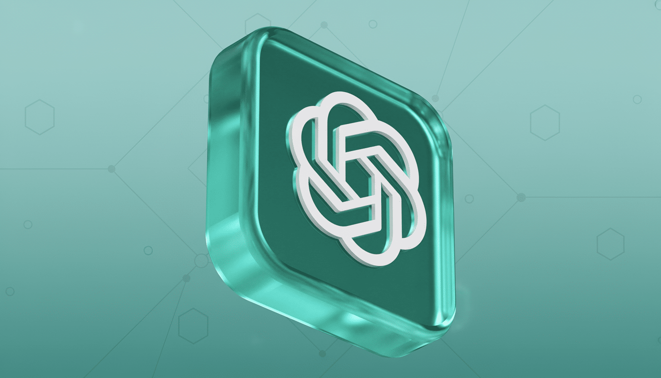 A 3D render of the ChatGPT logo, a white abstract knot design, encased in a transparent teal square with rounded corners, set against a professional g
