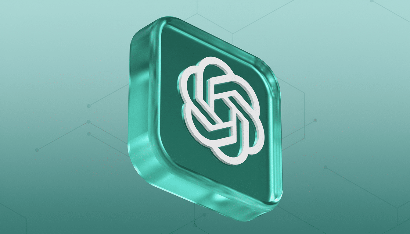 The OpenAI logo, a white abstract knot, is encased in a translucent teal 3D square, set against a teal background with subtle, light - colored circuit
