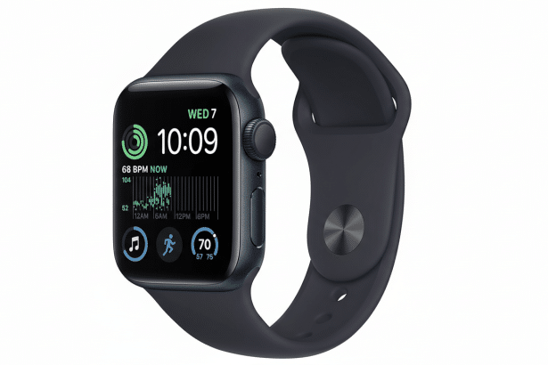An Apple Watch Series 8 with a dark blue sport band, displaying the time, date , heart rate, and activity tracking .