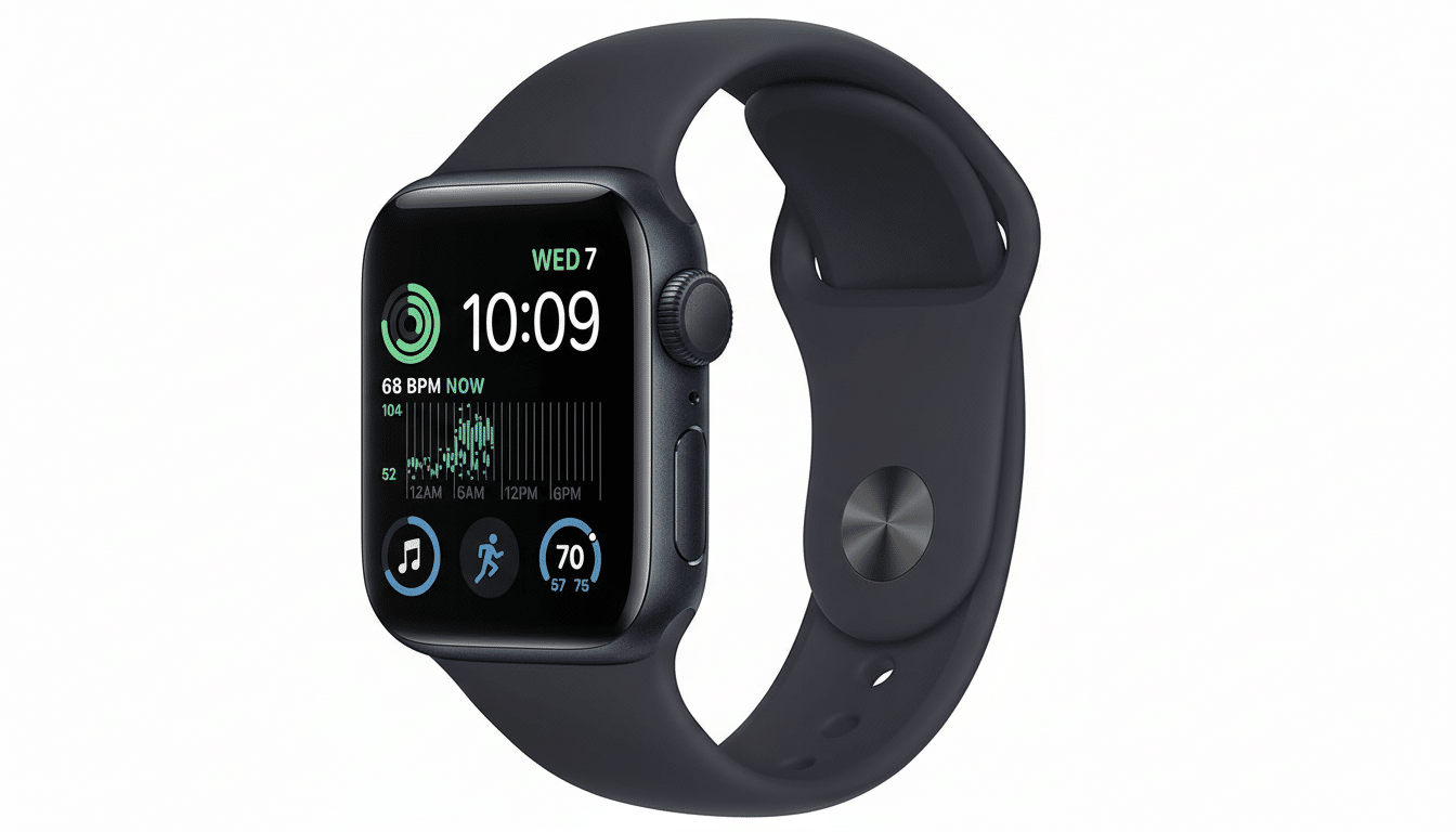 An Apple Watch Series 8 with a dark blue sport band, displaying the time, date , heart rate, and activity tracking .