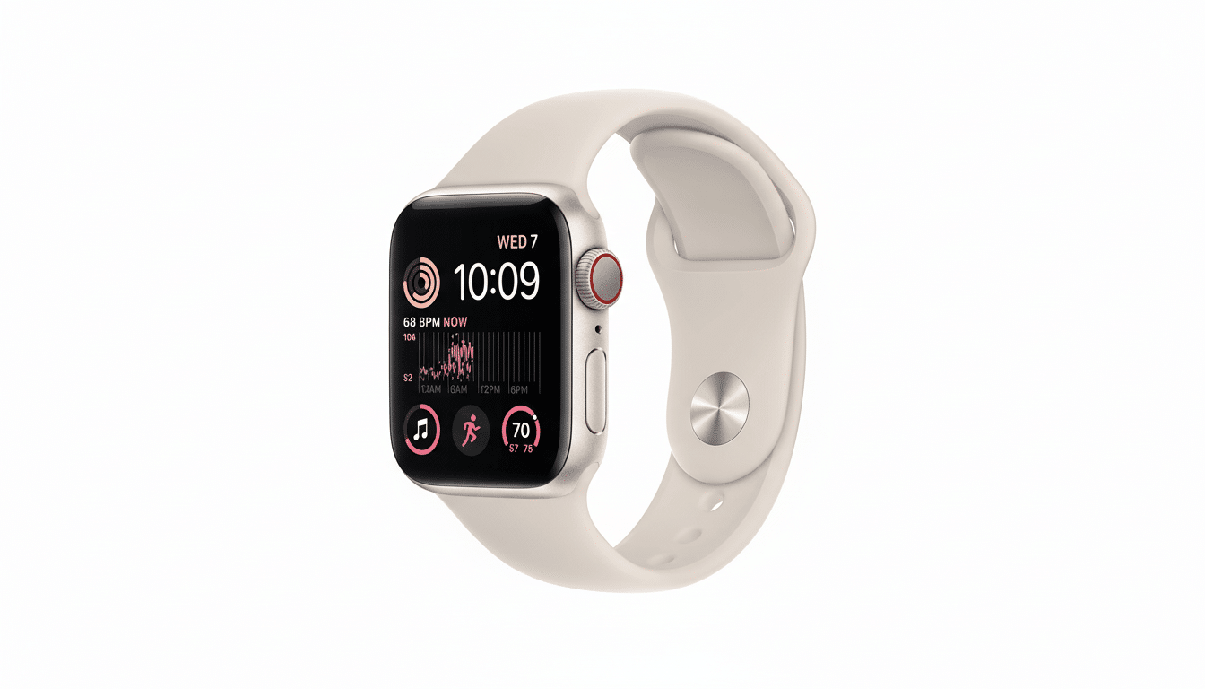 An Apple Watch with a st arlight aluminum case and a st arlight sport band, displaying the time and health metrics .