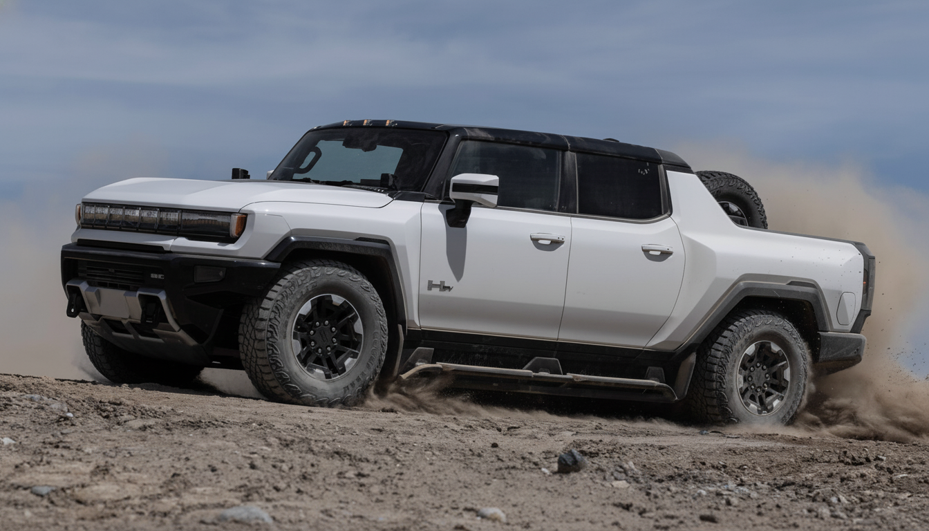 A white GMC Hummer EV pickup truck driving on a dirt road, kicking up dust.