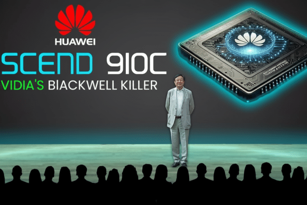 A man standing on a stage in front of a large screen displaying the Huawei logo , ASCEND 910 C, NVIDIA'S BLACKWELL KILLER , and a glowing micro chip. Sil houettes of an audience are visible at the bottom.