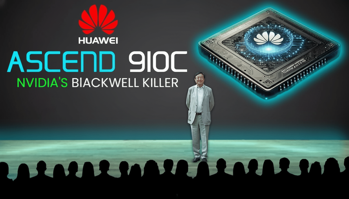 A man standing on a stage in front of a large screen displaying the Huawei logo , ASCEND 910 C, NVIDIA'S BLACKWELL KILLER , and a glowing micro chip. Sil houettes of an audience are visible at the bottom.