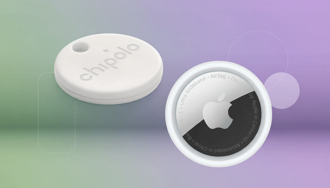 A white Chipolo tracker and a white and black Apple AirTag are displayed side -by-side on a background with soft green, purple, and blue gradients wit
