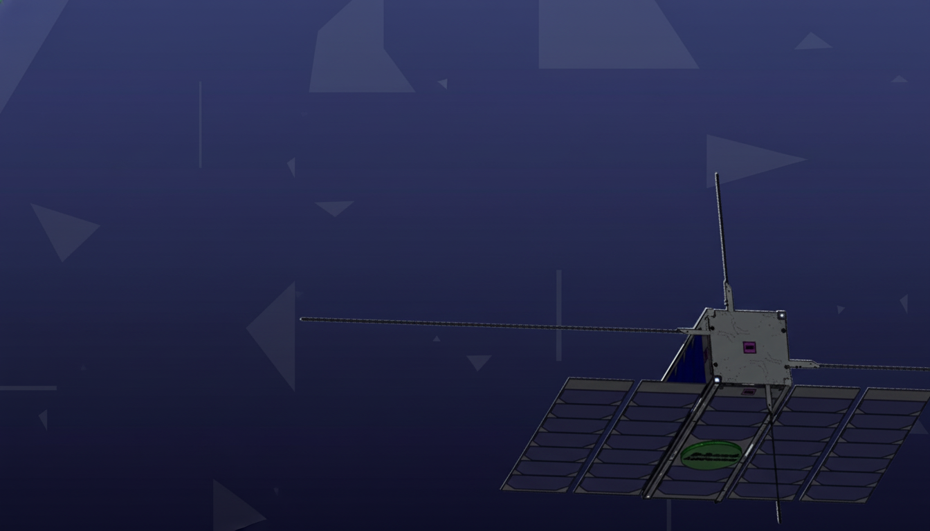 A satellite with solar panels is shown against a dark blue background with subtle geometric patterns.