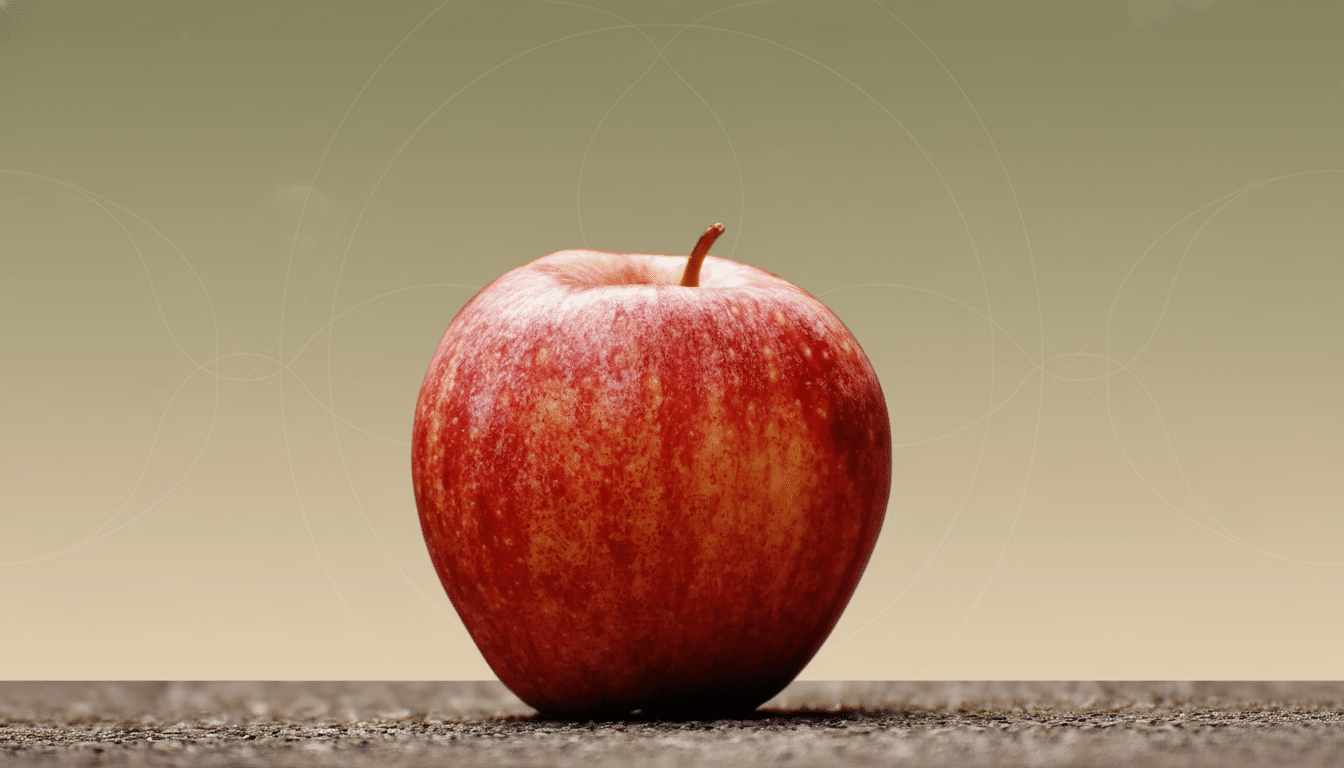 A professional flat design image of a red apple with a subtle patterned background.gt ;