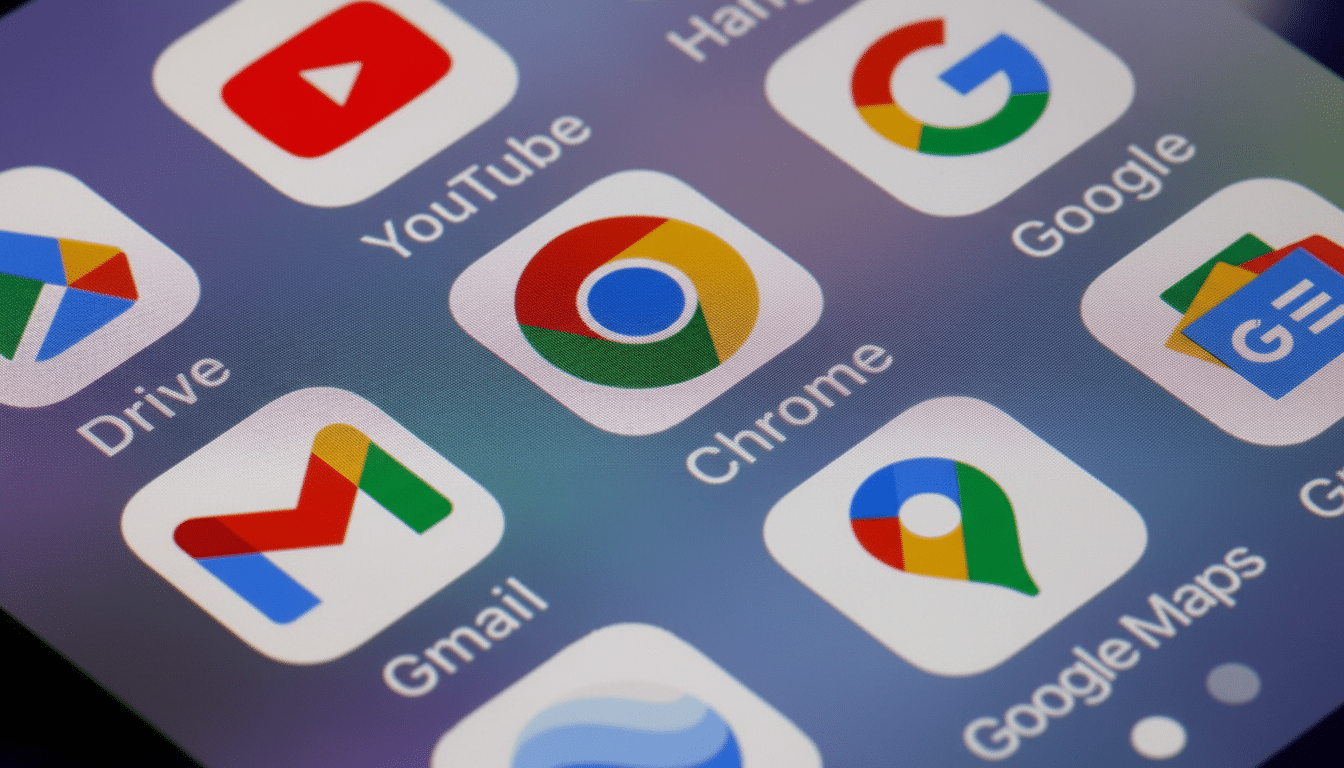 A close -up shot of various Google app icons on a smartphone screen, including Chrome, YouTube , Gmail, Drive , Google Maps, and Google. The image has been professionally enhanced and resized to a 16: 9 aspect ratio, maintaining the original background.
