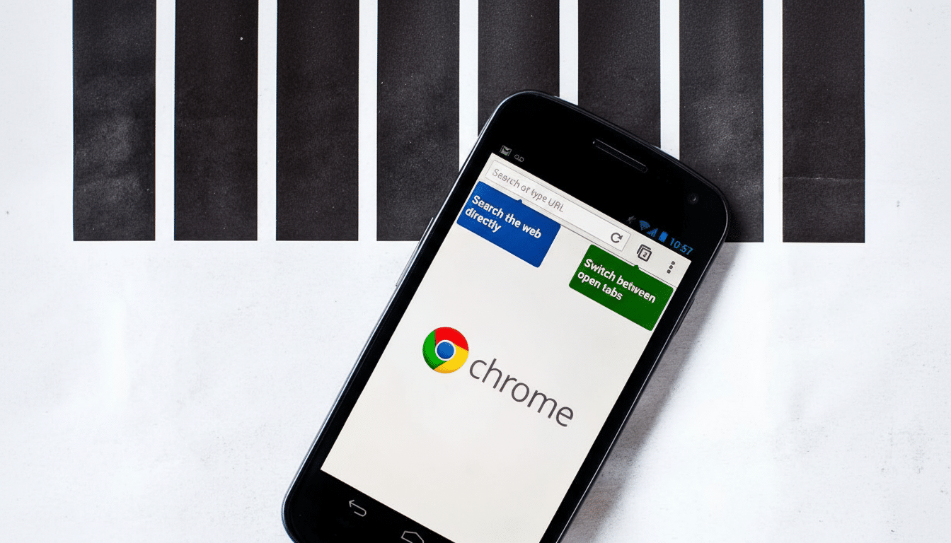 A professional close -up shot of a smartphone displaying the Google Chrome logo and search interface, with a background of alternating black and white vertical stripes .