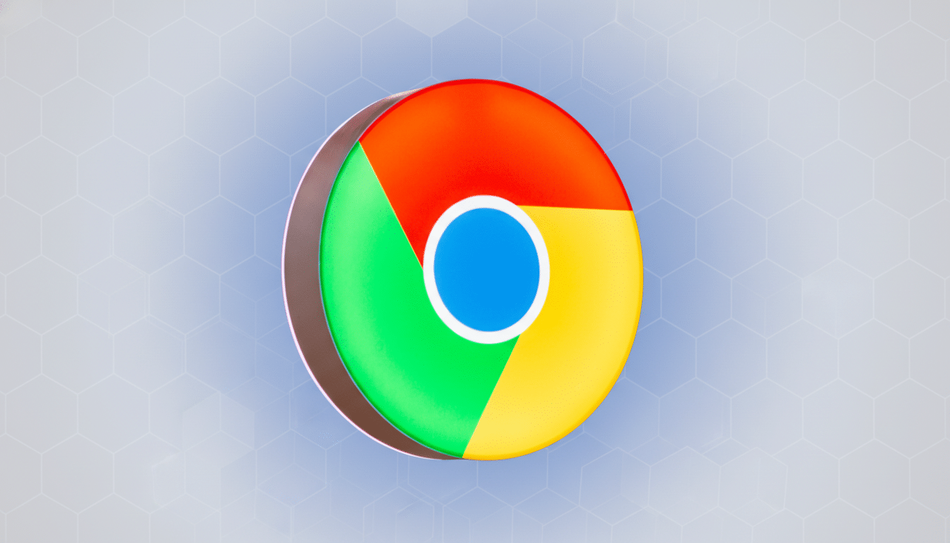 The Google Chrome logo, a colorful circle with red, green, and yellow segments surrounding a blue center, presented against a professional flat design background with a subtle hexagonal pattern.