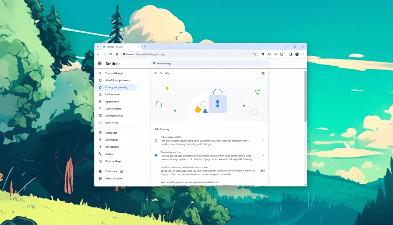 Screenshot of Google Chrome's settings page, displaying the Privacy and security section with a lock icon and Safe Browsing options. Filename : chromeprivacy security settings.png