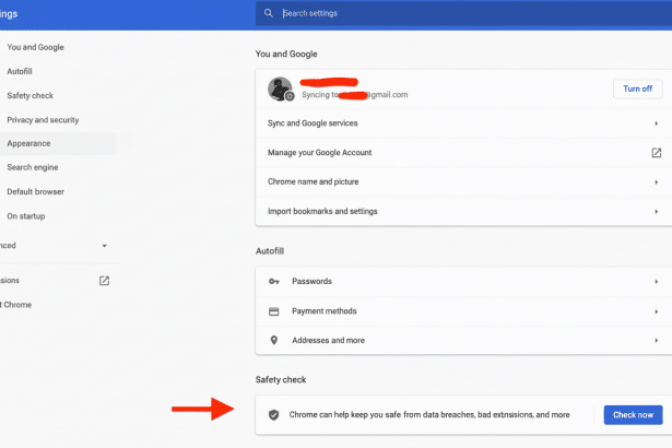 Screenshot of Google Chrome settings page , highlighting the Safety check section with an arrow pointing to Chrome can help keep you safe from data breaches, bad extensions , and more and a Check now button.